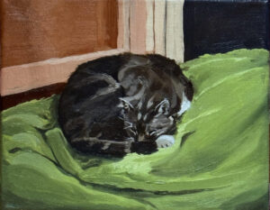 Oil painting of a black cat curled up sleeping on a green blanket